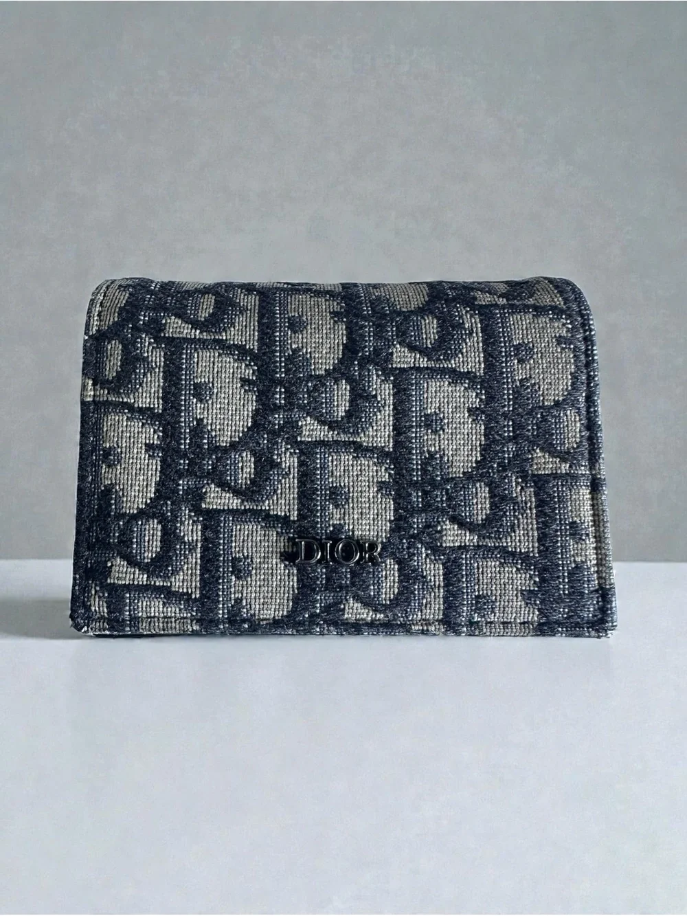 Christian Dior Oblique Jacquard Business Card Holder Compact Wallet Navy Beige